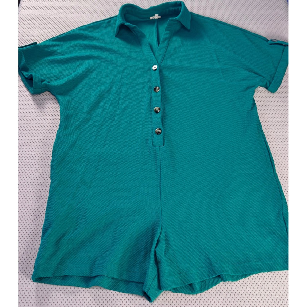 Jodifl Teal Green Waffle Knit Button Front Short Sleeve Romper Womens Medium